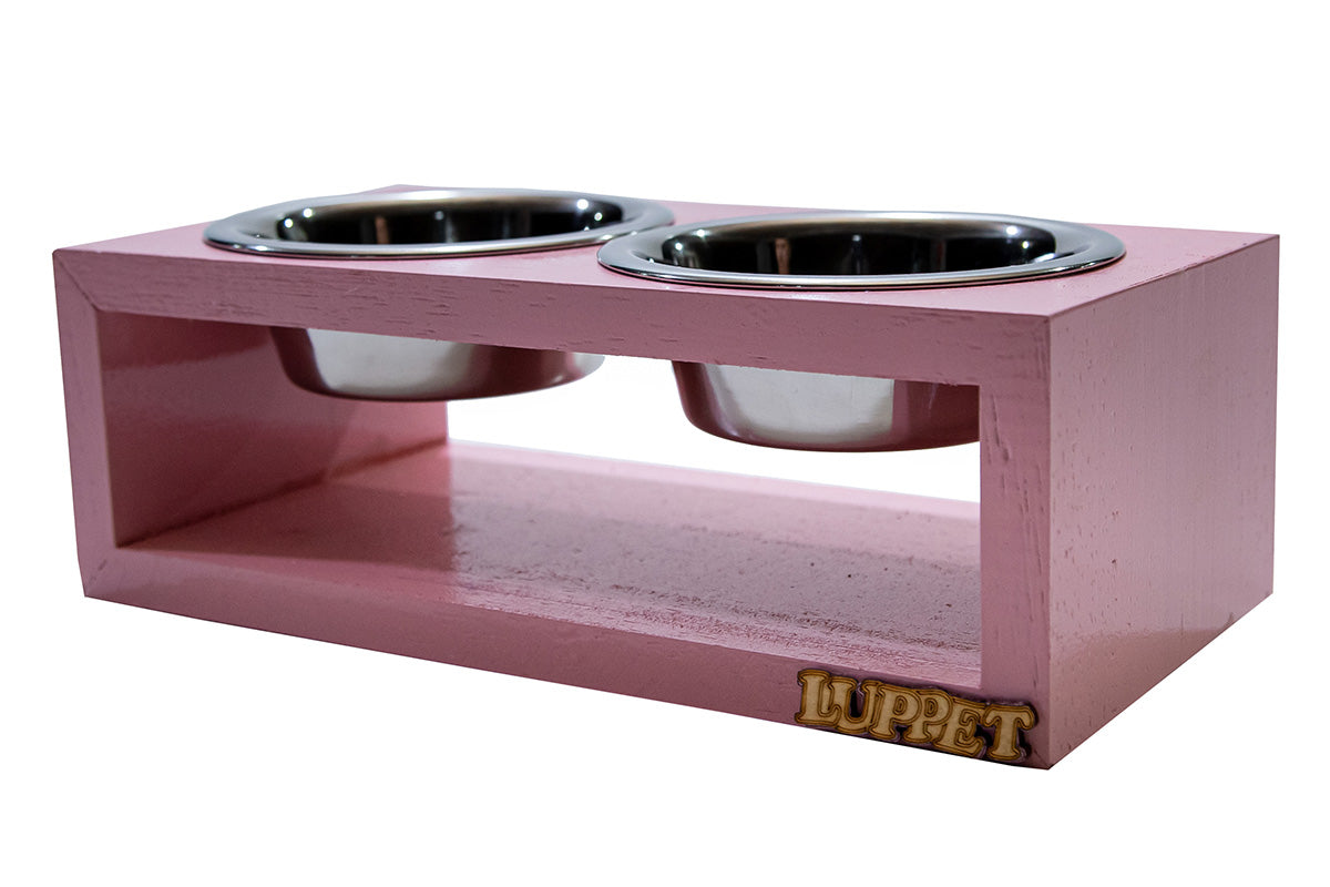 Comedouro Duplo De Madeira Personalizado Com Potes Inox Para Gatos E Cachorros C